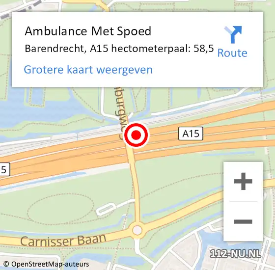 Locatie op kaart van de 112 melding: Ambulance Met Spoed Naar Barendrecht, A15 hectometerpaal: 58,5 op 1 november 2021 12:10