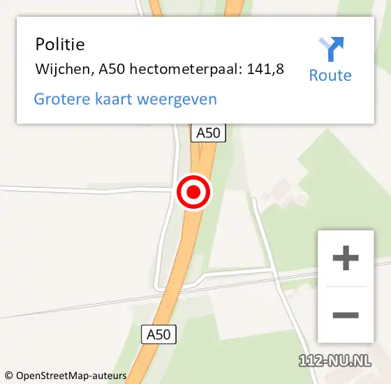 Locatie op kaart van de 112 melding: Politie Wijchen, A50 hectometerpaal: 141,8 op 1 november 2021 14:26