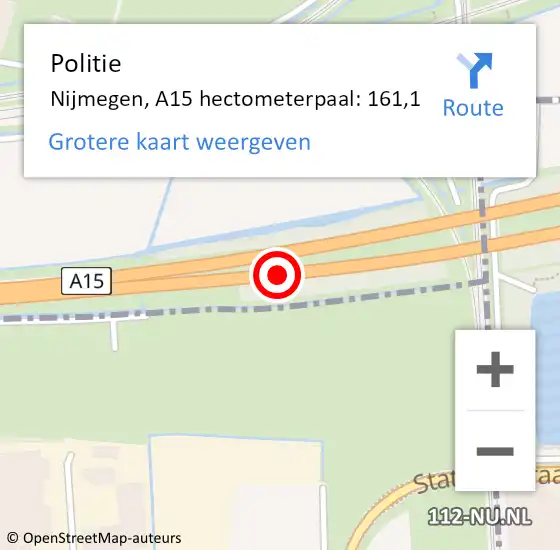 Locatie op kaart van de 112 melding: Politie Nijmegen, A15 hectometerpaal: 161,1 op 1 november 2021 14:33