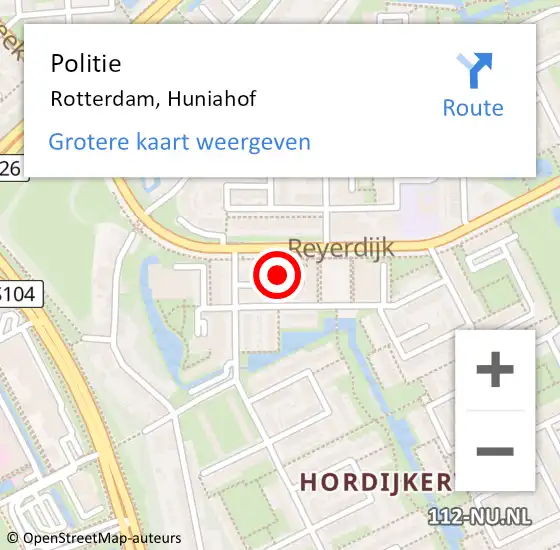 Locatie op kaart van de 112 melding: Politie Rotterdam, Huniahof op 1 november 2021 16:29