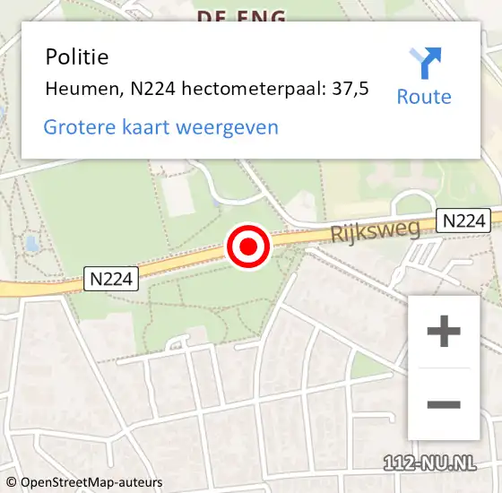 Locatie op kaart van de 112 melding: Politie Heumen, N224 hectometerpaal: 37,5 op 1 november 2021 17:33