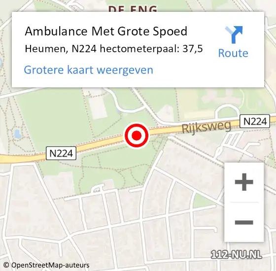 Locatie op kaart van de 112 melding: Ambulance Met Grote Spoed Naar Heumen, N224 hectometerpaal: 37,5 op 1 november 2021 17:35