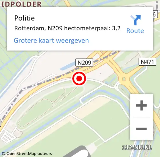 Locatie op kaart van de 112 melding: Politie Rotterdam, N209 hectometerpaal: 3,2 op 1 november 2021 17:41