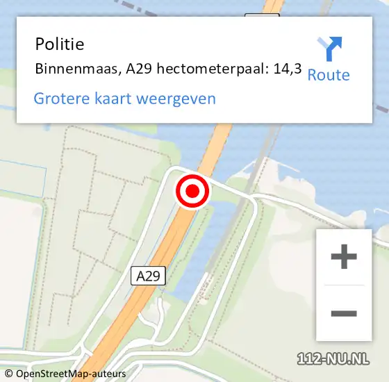 Locatie op kaart van de 112 melding: Politie Binnenmaas, A29 hectometerpaal: 14,3 op 1 november 2021 17:42