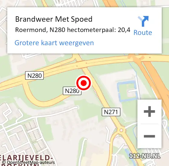 Locatie op kaart van de 112 melding: Brandweer Met Spoed Naar Roermond, N280 hectometerpaal: 20,4 op 1 november 2021 20:10