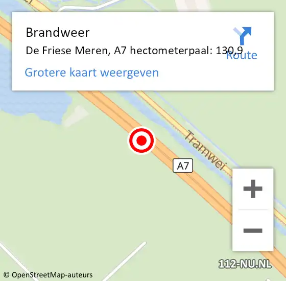 Locatie op kaart van de 112 melding: Brandweer De Friese Meren, A7 hectometerpaal: 130,9 op 1 november 2021 20:17