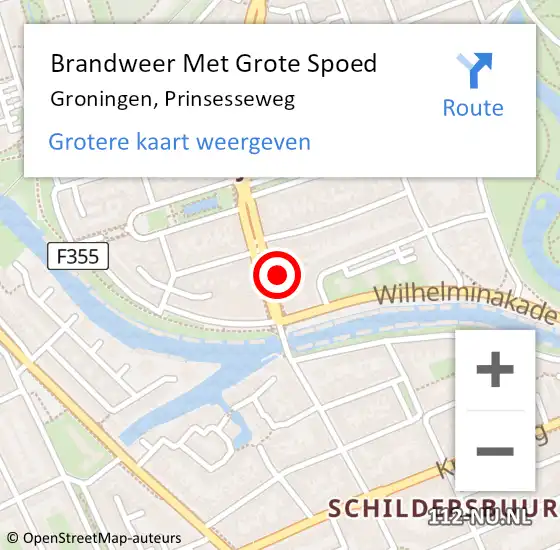 Locatie op kaart van de 112 melding: Brandweer Met Grote Spoed Naar Groningen, Prinsesseweg op 1 november 2021 22:28