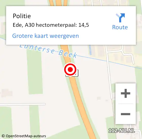 Locatie op kaart van de 112 melding: Politie Ede, A30 hectometerpaal: 14,5 op 2 november 2021 04:48
