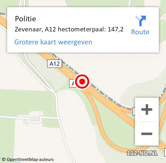 Locatie op kaart van de 112 melding: Politie Zevenaar, A12 hectometerpaal: 147,2 op 2 november 2021 07:44