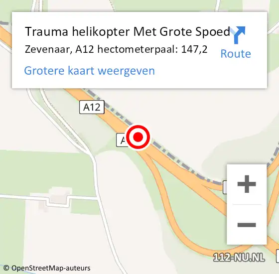 Locatie op kaart van de 112 melding: Trauma helikopter Met Grote Spoed Naar Zevenaar, A12 hectometerpaal: 147,2 op 2 november 2021 07:50