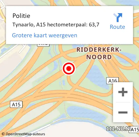 Locatie op kaart van de 112 melding: Politie Tynaarlo, A15 hectometerpaal: 63,7 op 2 november 2021 10:42