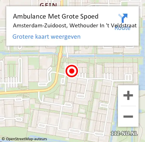 Locatie op kaart van de 112 melding: Ambulance Met Grote Spoed Naar Amsterdam-Zuidoost, Wethouder In 't Veldstraat op 2 november 2021 10:55