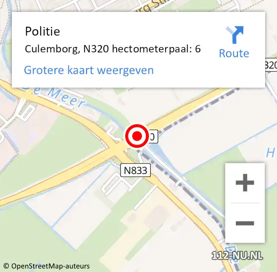 Locatie op kaart van de 112 melding: Politie Culemborg, N320 hectometerpaal: 6 op 2 november 2021 12:02