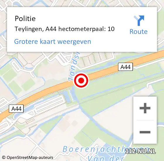 Locatie op kaart van de 112 melding: Politie Teylingen, A44 hectometerpaal: 10 op 2 november 2021 13:56