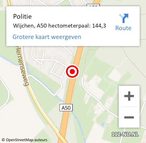 Locatie op kaart van de 112 melding: Politie Wijchen, A50 hectometerpaal: 144,3 op 2 november 2021 14:32