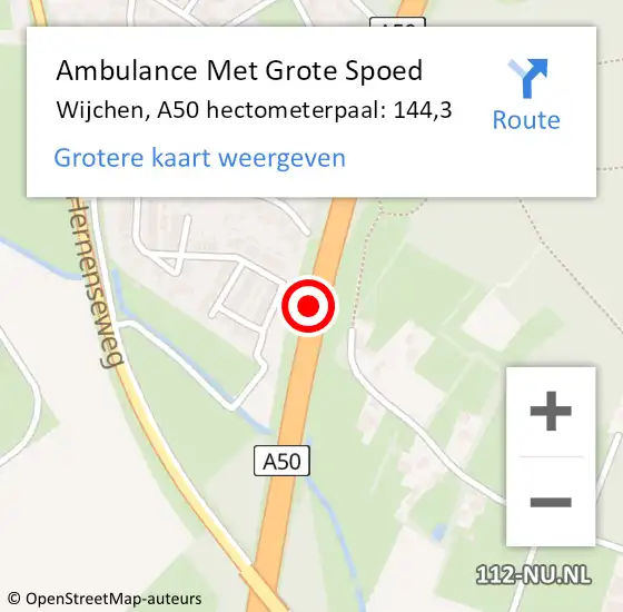 Locatie op kaart van de 112 melding: Ambulance Met Grote Spoed Naar Wijchen, A50 hectometerpaal: 144,3 op 2 november 2021 14:34