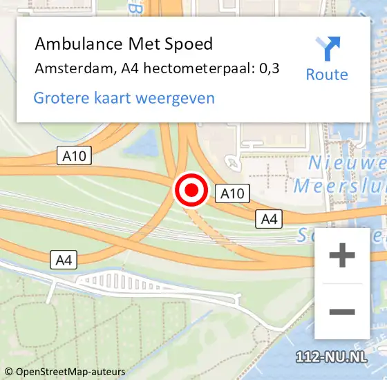 Locatie op kaart van de 112 melding: Ambulance Met Spoed Naar Amsterdam, A4 hectometerpaal: 0,3 op 2 november 2021 14:52