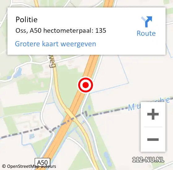 Locatie op kaart van de 112 melding: Politie Oss, A50 hectometerpaal: 135 op 2 november 2021 15:02