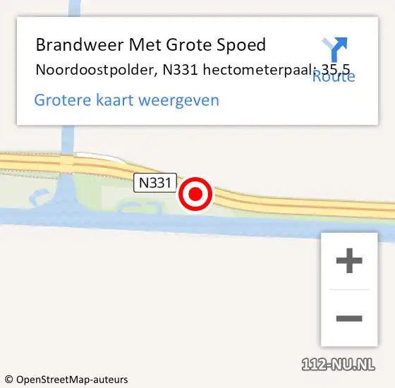 Locatie op kaart van de 112 melding: Brandweer Met Grote Spoed Naar Noordoostpolder, N331 hectometerpaal: 35,5 op 2 november 2021 15:39