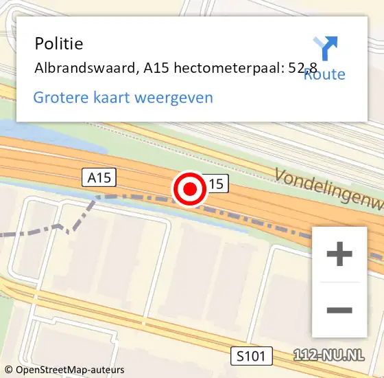 Locatie op kaart van de 112 melding: Politie Albrandswaard, A15 hectometerpaal: 52,8 op 2 november 2021 16:50