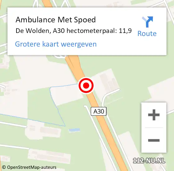 Locatie op kaart van de 112 melding: Ambulance Met Spoed Naar De Wolden, A30 hectometerpaal: 11,9 op 2 november 2021 17:21