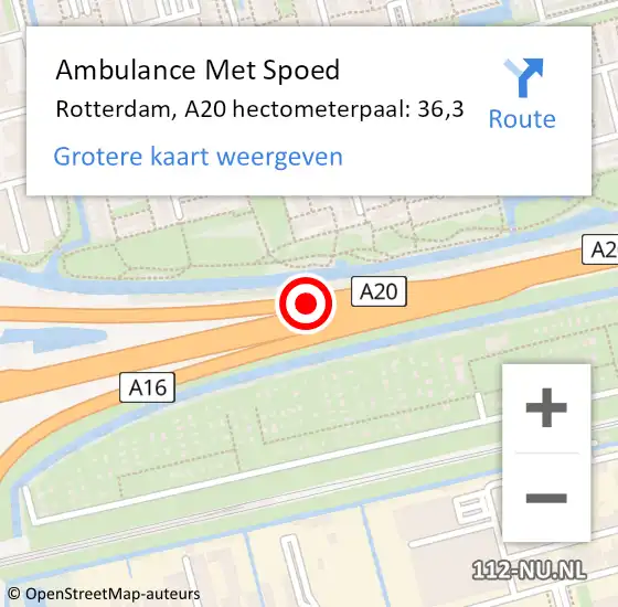 Locatie op kaart van de 112 melding: Ambulance Met Spoed Naar Rotterdam, A20 hectometerpaal: 36,3 op 2 november 2021 18:23