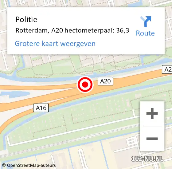 Locatie op kaart van de 112 melding: Politie Rotterdam, A20 hectometerpaal: 36,3 op 2 november 2021 18:25