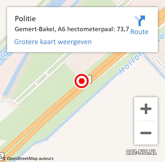 Locatie op kaart van de 112 melding: Politie Gemert-Bakel, A6 hectometerpaal: 73,7 op 2 november 2021 18:30