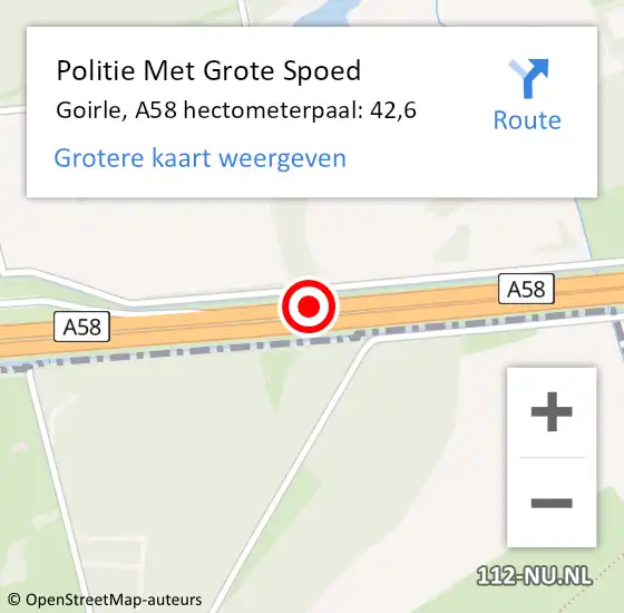 Locatie op kaart van de 112 melding: Politie Met Grote Spoed Naar Goirle, A58 hectometerpaal: 42,6 op 2 november 2021 18:41