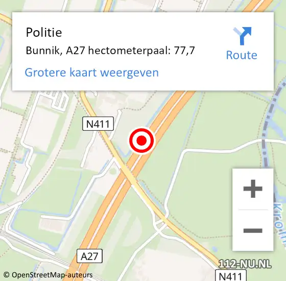 Locatie op kaart van de 112 melding: Politie Bunnik, A27 hectometerpaal: 77,7 op 2 november 2021 18:57