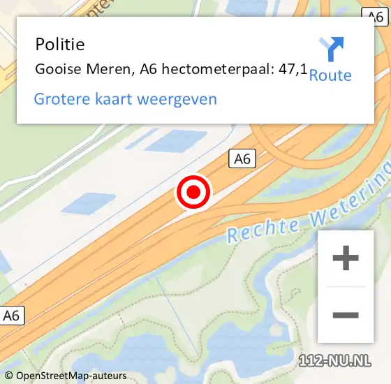 Locatie op kaart van de 112 melding: Politie Muiden, A6 hectometerpaal: 47,1 op 2 november 2021 20:24