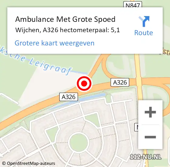 Locatie op kaart van de 112 melding: Ambulance Met Grote Spoed Naar Wijchen, A326 hectometerpaal: 5,1 op 2 november 2021 22:34