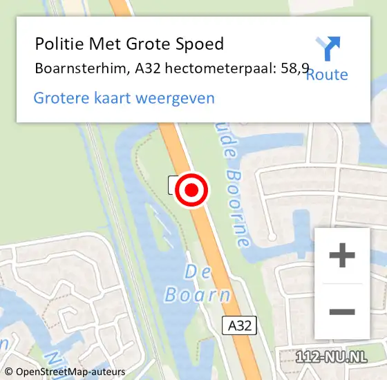 Locatie op kaart van de 112 melding: Politie Met Grote Spoed Naar Boarnsterhim, A32 hectometerpaal: 58,9 op 2 november 2021 23:50