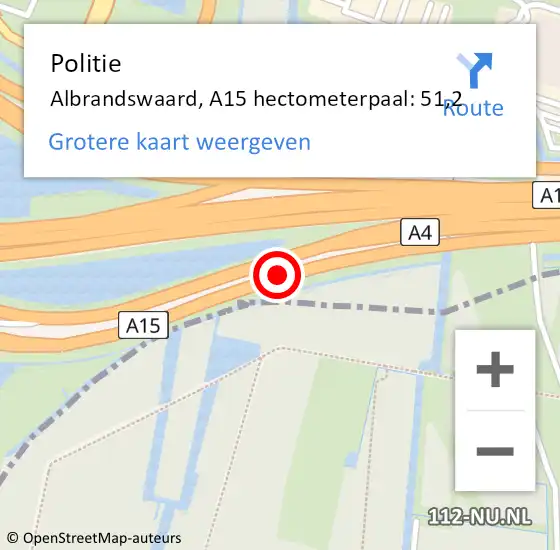 Locatie op kaart van de 112 melding: Politie Albrandswaard, A15 hectometerpaal: 51,2 op 3 november 2021 07:00