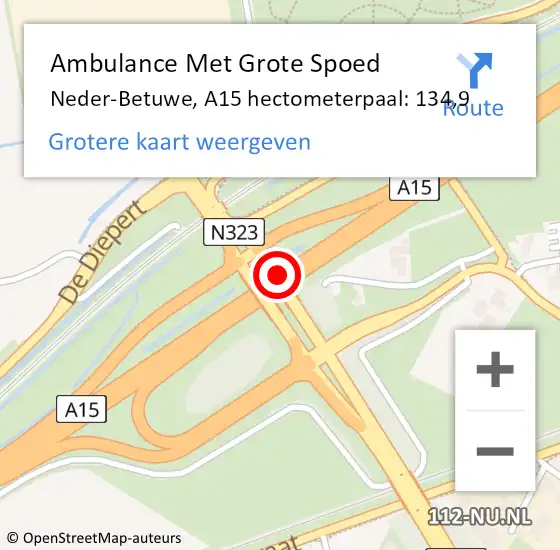 Locatie op kaart van de 112 melding: Ambulance Met Grote Spoed Naar Neder-Betuwe, A15 hectometerpaal: 134,9 op 3 november 2021 07:22
