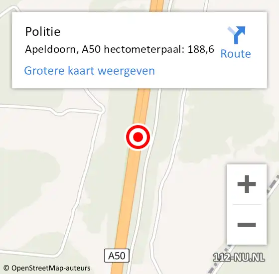 Locatie op kaart van de 112 melding: Politie Apeldoorn, A50 hectometerpaal: 188,6 op 3 november 2021 07:36