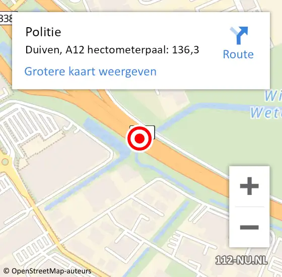 Locatie op kaart van de 112 melding: Politie Duiven, A12 hectometerpaal: 136,3 op 3 november 2021 07:46