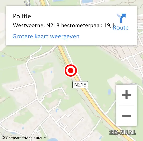 Locatie op kaart van de 112 melding: Politie Westvoorne, N218 hectometerpaal: 19,1 op 3 november 2021 07:56