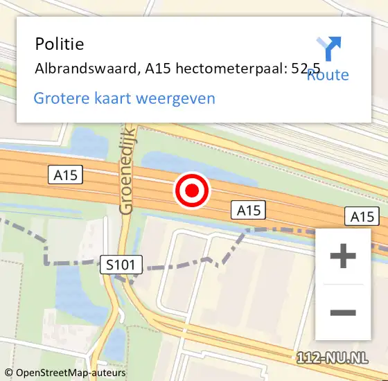 Locatie op kaart van de 112 melding: Politie Albrandswaard, A15 hectometerpaal: 52,5 op 3 november 2021 14:27