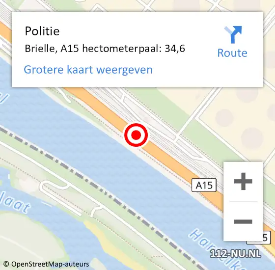 Locatie op kaart van de 112 melding: Politie Brielle, A15 hectometerpaal: 34,6 op 3 november 2021 14:32