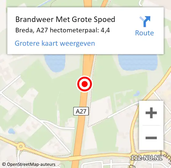Locatie op kaart van de 112 melding: Brandweer Met Grote Spoed Naar Breda, A27 hectometerpaal: 4,4 op 3 november 2021 17:25