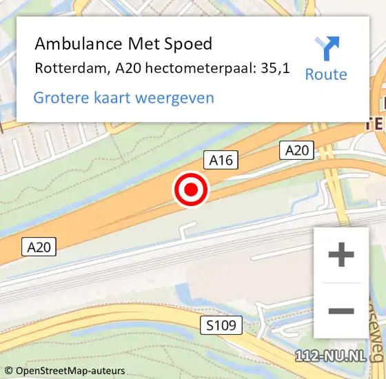 Locatie op kaart van de 112 melding: Ambulance Met Spoed Naar Rotterdam, A20 hectometerpaal: 35,1 op 3 november 2021 17:51