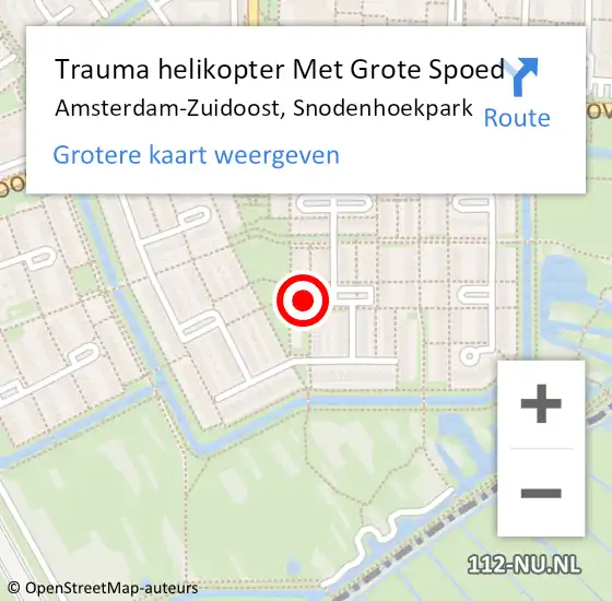 Locatie op kaart van de 112 melding: Trauma helikopter Met Grote Spoed Naar Amsterdam-Zuidoost, Snodenhoekpark op 3 november 2021 18:01