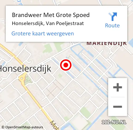 Locatie op kaart van de 112 melding: Brandweer Met Grote Spoed Naar Honselersdijk, Van Poeljestraat op 3 november 2021 18:28