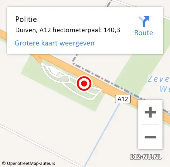 Locatie op kaart van de 112 melding: Politie Duiven, A12 hectometerpaal: 140,3 op 3 november 2021 22:41