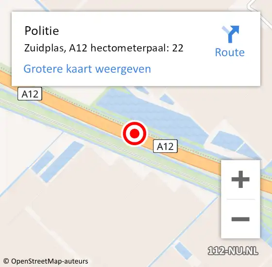 Locatie op kaart van de 112 melding: Politie Zuidplas, A12 hectometerpaal: 22 op 3 november 2021 22:47