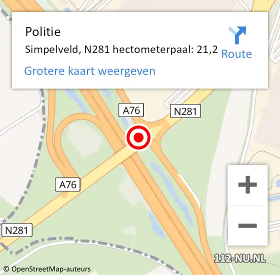 Locatie op kaart van de 112 melding: Politie Heerlen, N281 hectometerpaal: 21,2 op 3 november 2021 22:57