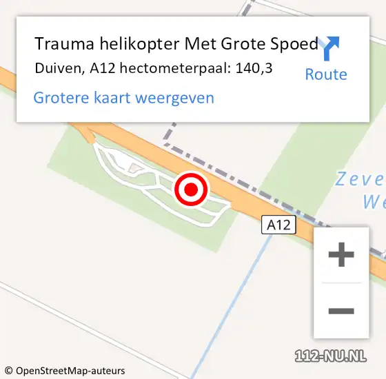 Locatie op kaart van de 112 melding: Trauma helikopter Met Grote Spoed Naar Duiven, A12 hectometerpaal: 140,3 op 3 november 2021 23:07