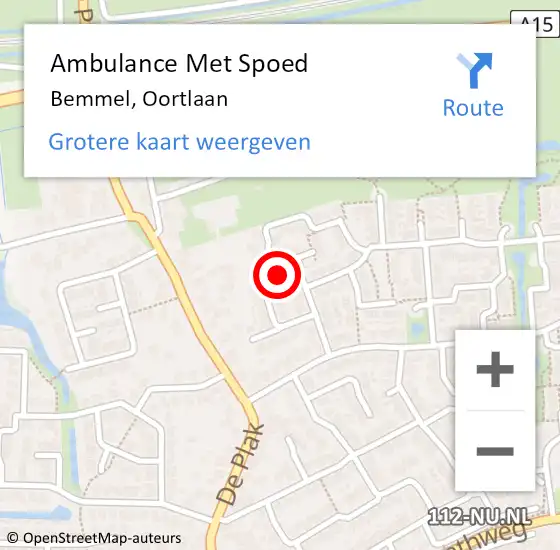 Locatie op kaart van de 112 melding: Ambulance Met Spoed Naar Bemmel, Oortlaan op 4 november 2021 00:07