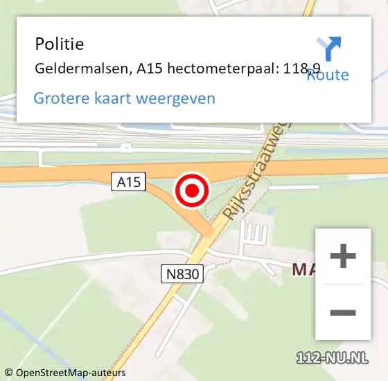 Locatie op kaart van de 112 melding: Politie Geldermalsen, A15 hectometerpaal: 118,9 op 4 november 2021 07:00